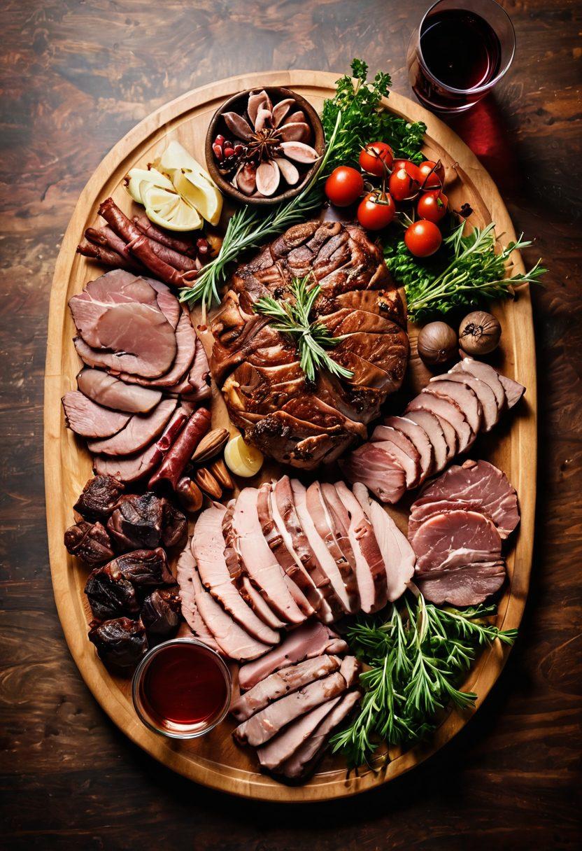 A beautifully arranged gourmet meat platter, showcasing a variety of cooked meats with rich colors and textures. Include an elegant wood cutting board with fresh herbs and spices scattered around, a glass of red wine, and stylish utensils. Soft, warm lighting creates a cozy atmosphere in the background. super-realistic. vibrant colors.