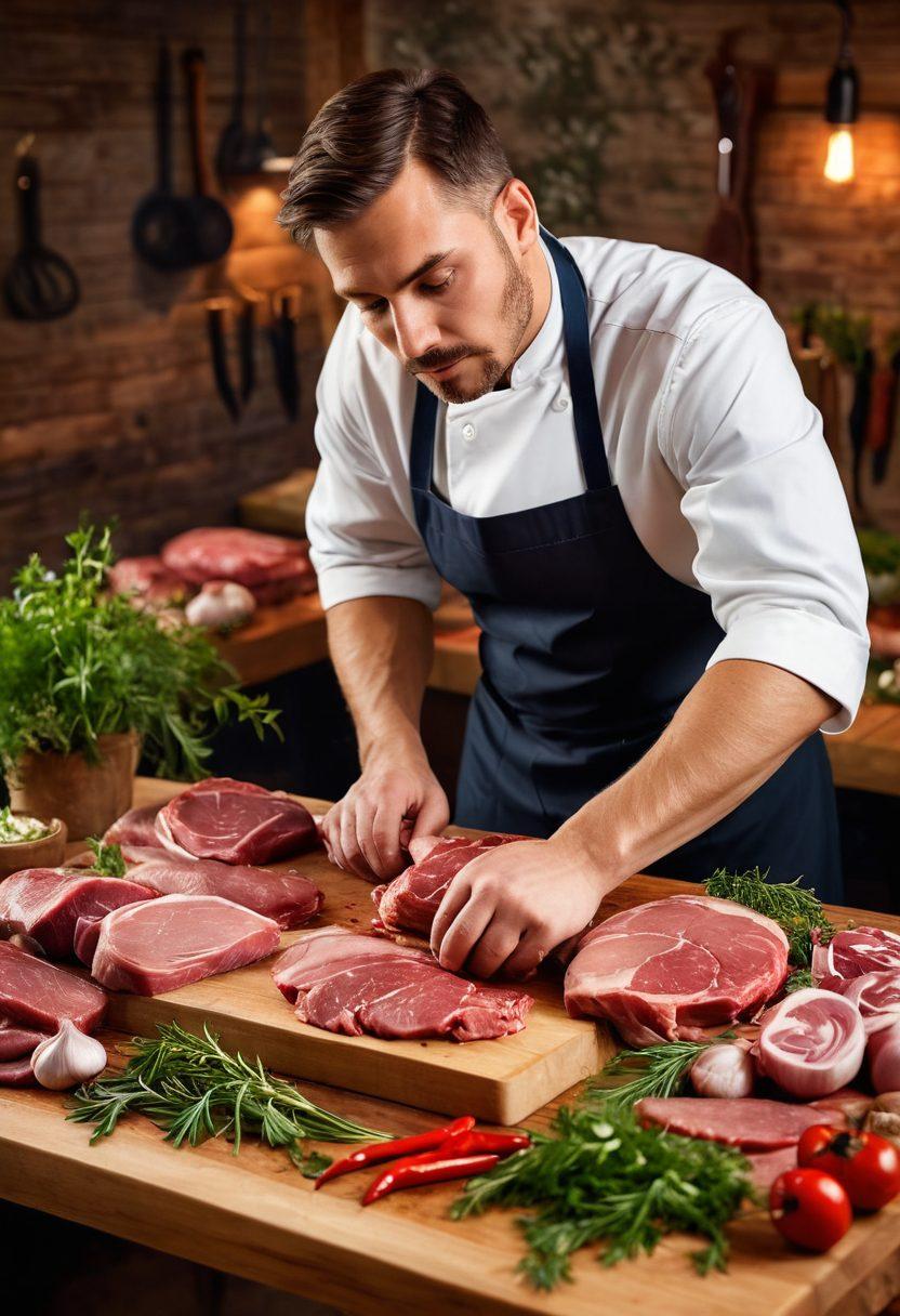 A skilled butcher at work, skillfully cutting meat with precision and care, surrounded by an array of fresh herbs and spices, showcasing various cuts of meat on a wooden butcher block. The scene conveys a blend of craftsmanship and artistry in butchery, with warm lighting highlighting the textures of the meat and tools. super-realistic. vibrant colors. rustic background.