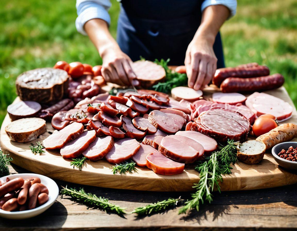 A rustic wooden table adorned with an array of artisanal meats, such as sausages, cured hams, and fresh cuts, surrounded by herbs and spices. A farmer's hand gently places a piece of meat while a grazing pasture can be seen in the background, symbolizing the farm-to-table journey. The scene captures the warmth of a sunny day, inviting viewers to appreciate the craftsmanship of sourcing quality meats. soft focus. vibrant colors. natural lighting.